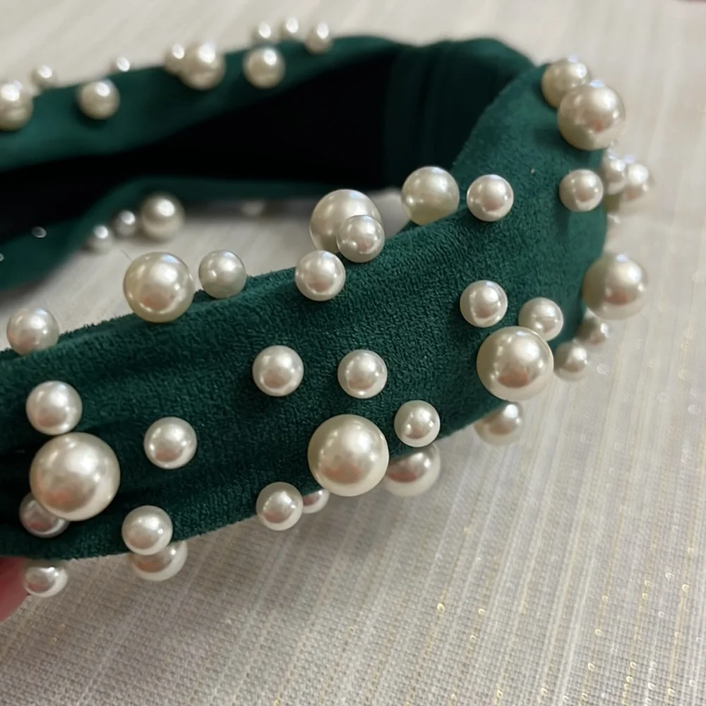 Green faux suede with pearls headband